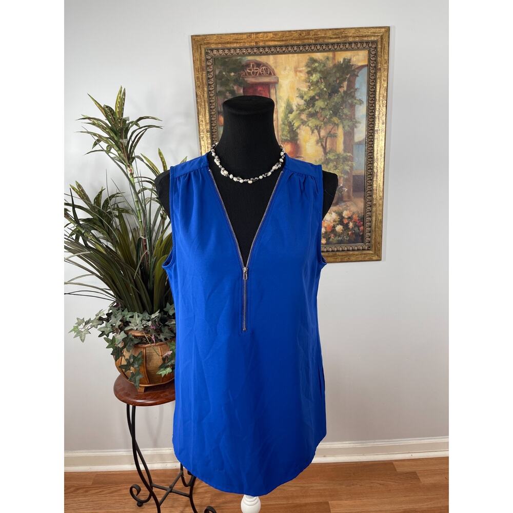 Womens Tank‎ Top Medium Blue Sleeveless Zip Front Minimalist Modern Clean Girl